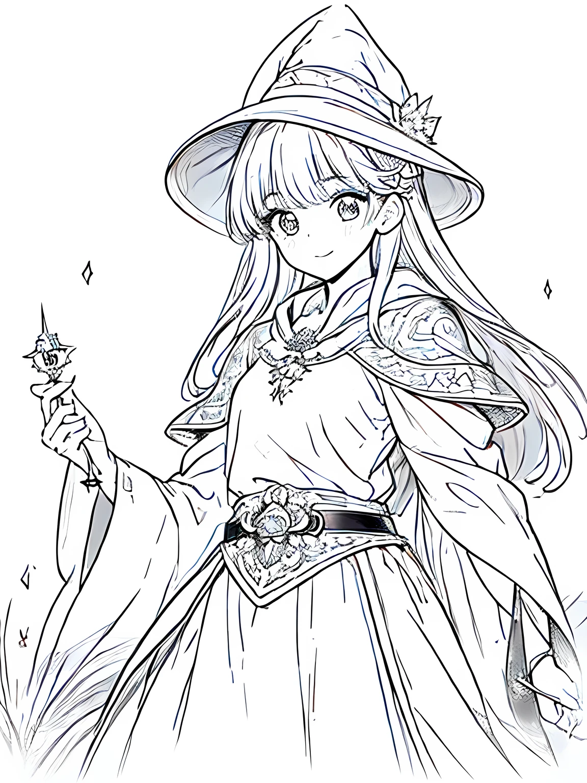 Line art background, background, Monochrome, Line art, ((sketch)),Highest quality,masterpiece,monochrome,Lineart,single color,Create a detailed coloring page,Girl、Big eyes、A long robe with wide sleeves and a hem、Large hood、Pointed hat、Mysterious Aura、A cloak decorated with a magic circle emblem、Amulet、pendant、A wand inlaid with gems and magical runes、book of magic、Magic Ring、Portion、belt、incantation、magic theory、Curious、High concentration、Calm、Theoretical、Calculating、mysterious、Elemental Magic、Powerful incantation、magic theory、Witch Hat