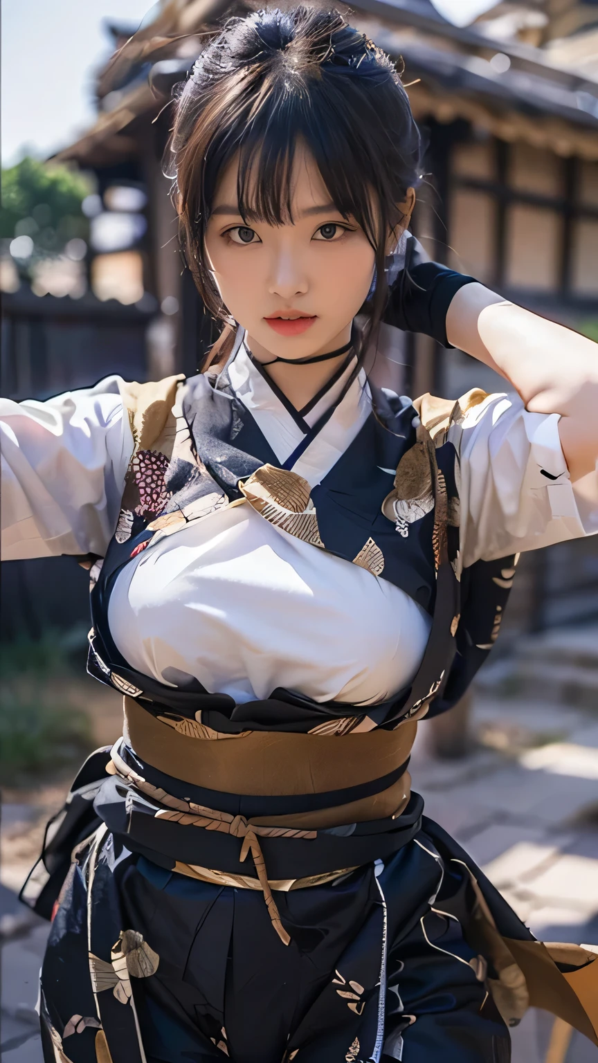 ((The background is the village of Shinobi:1.5)、Female ninja training in the village)、(Realistic、Like a photograph、Live Action、8k, Photorealistic, RAW Photos, Best image quality: 1.4), Single-lens reflex camera、RAW Photos, highest quality, Realistic, Highly detailed CG Unity 8k wallpaper, Written boundary depth, Cinematic Light, Lens flare, Ray Tracing, Realistic background、((waso:1.5、ninjya:1.3、kunoichi:1.4、skirtlift)、Sexy Ninja:1.37、Get into a fighting stance:1.3、Ninjutsu activation:1.2、Trained abdominal muscles、Big Breasts、Pull up the hem to reveal your underwear:1.3)、Grey Hair、short hair、Standing in the village、Night Village、((Ultra-dense skin))、 1 girl,Cute Kunoichi、((whole body:1.5)，Looking at the audience:1.1、Glare、I like that style、Pay attention to the details、The perfect outfit、(White skin)、An accurate portrait、Accurate Arm、Accurate feet、Beautiful legs、Precise thighs、Anatomically correct body、View from below