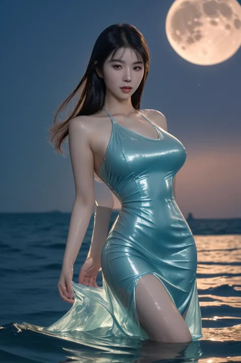 best quality, 8k, highly detailed face and skin texture, high resolution, big tits asian girl in sexy water dress on the sea at ...