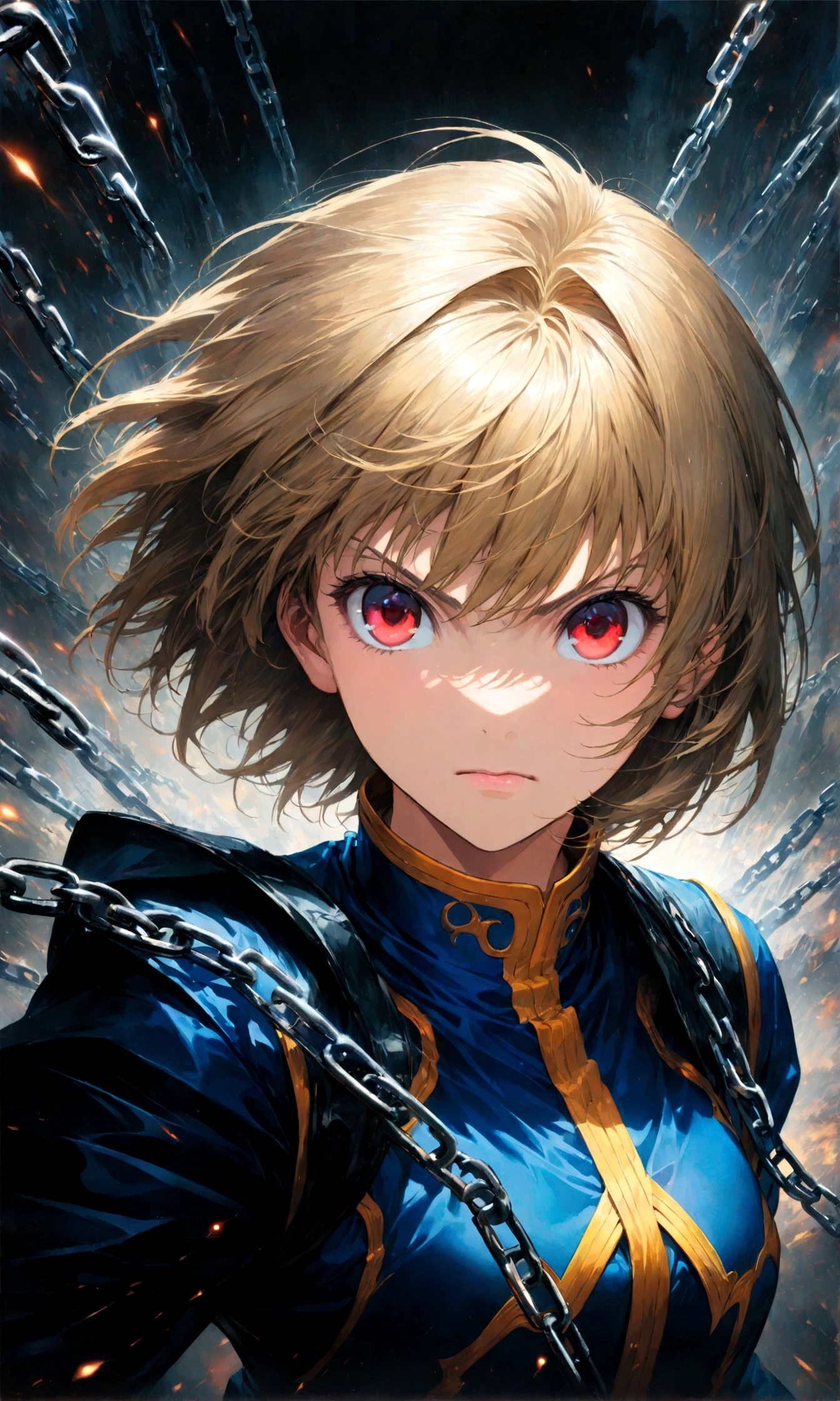 1 male,Kurapika,Hunter x Hunter,,Kurapikaの衣装,Blonde,Scarlet Eyes,Intricate details,Use black and white as your main colors,,artwork,rendering,,(masterpiece:1.3),(highest quality:1.4),(ultra detailed:1.5),High resolution,extremely detailed,unity 8k wallpaper,Dark fantasy,Brush strokes,Glare,Battle Style,Expressing quiet anger,Use a chain,Impressive drawing with thick lines