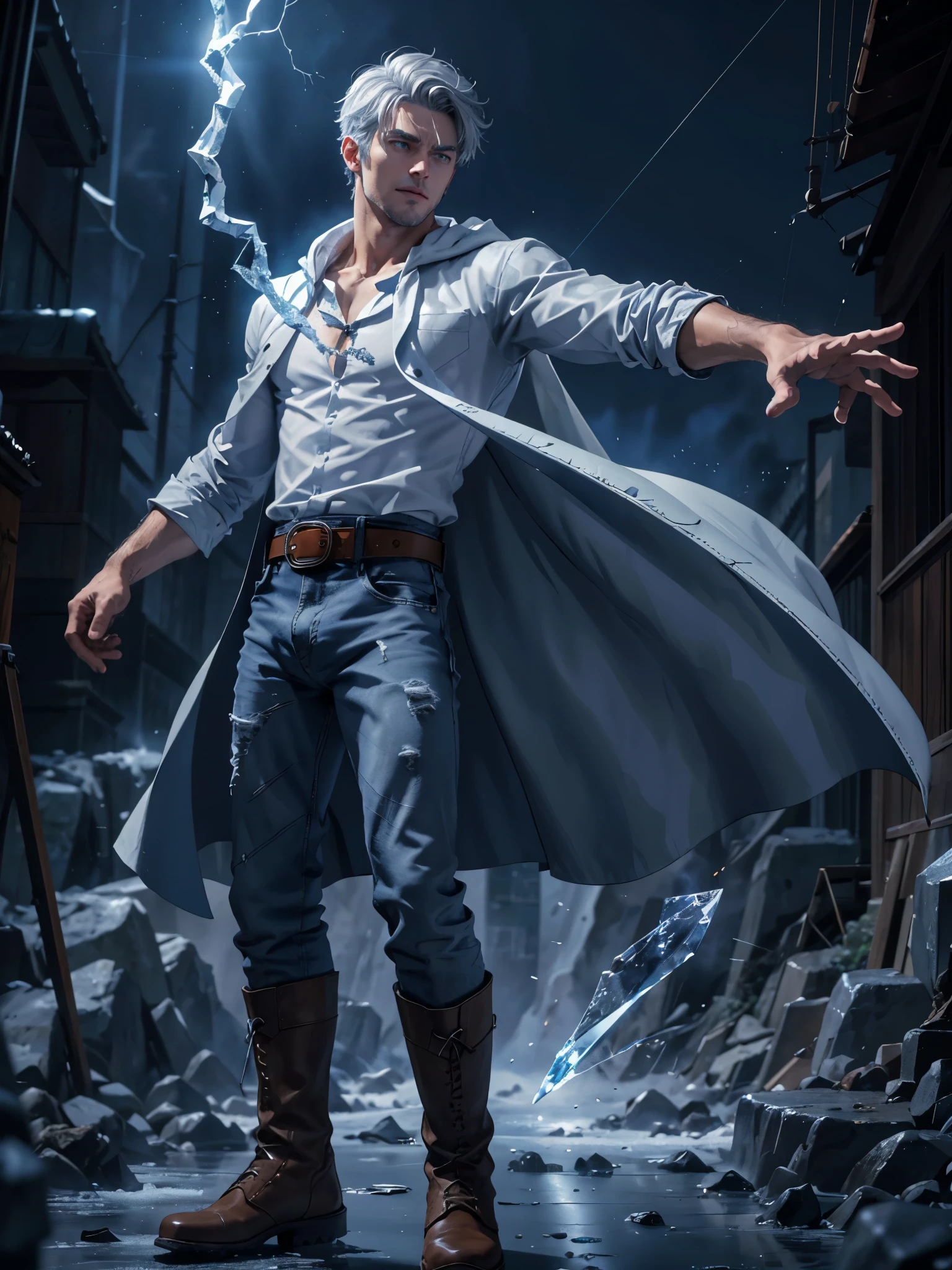 Design 1wizard man throwing a ice beam. Young man with ice  hooded cape.Light gray hair Gray eyes Wearing a white button-down shirt Wearing blue jeans Wearing a brown belt Wearing short brown boots Wearing blue gloves on your hands. epic.cinematografico