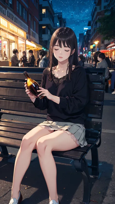 8k, highest quality, （The beauty of pubic hair）、High resolution, Realistic, Real person、Bustling street at night、On a park bench...