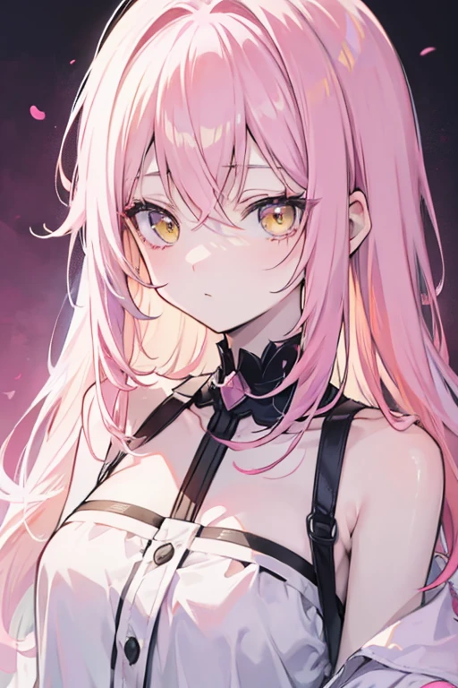 anime girl with pastel pink hair, yellow eyes, pale skin, fine and soft features 