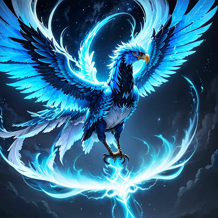 1 large translucent electric energy phoenix bird,(azul) en un cielo tormentoso oscuro con muchos rayos, Hermoso, obra maestra, mejor calidad, perfect lighting