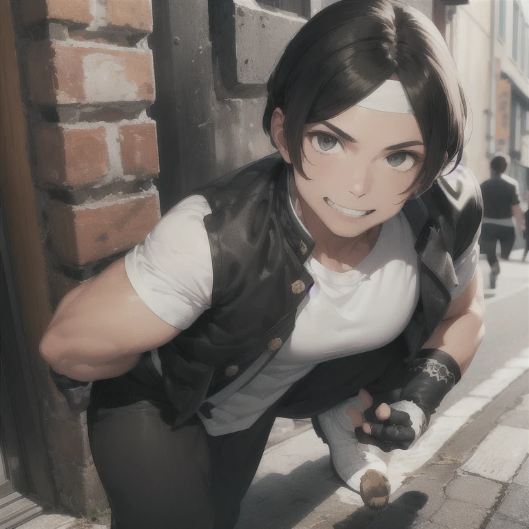 1 person, alone, Black jacket, Black trousers,Fingerless gloves, White T-shirt, White headband, White shoes, whole body, good looking,(( Charm, masterpiece, High resolution, Detailed face)),Fine grain, Grin,Standing in the city
