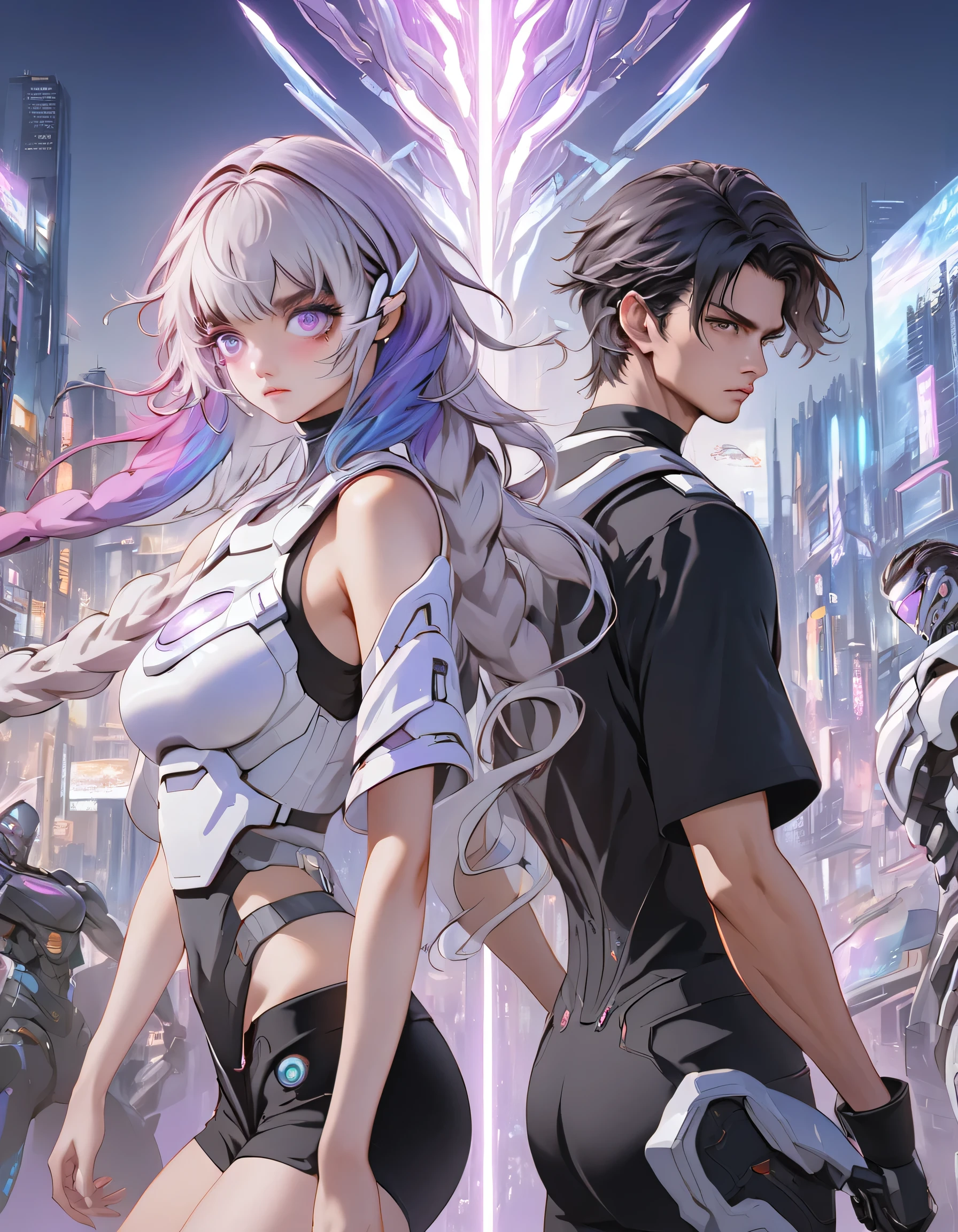 （Boys and Girls）, Back to Back，(Very detailed CG unified 16k wallpaper:1.1), (Denoising Strength: 1.45), Beautiful and delicate eyes, Mecha coverage, Dark purple with white hair, Fluorescent violet, rose red eyes, The background is a beautifully detailed cyberpunk city, Colorful hair, Beautiful and delicate light, The boy next to him has short black hair，White T-shirt，hansome，Masculinity，Poker face, Cold expression, crazy, Sporty, Very detailed, Lots of details, HD semi-realistic anime CG concept art digital, illustration, Glowing lights, (masterpiece:1.37), masterpiece, best quality