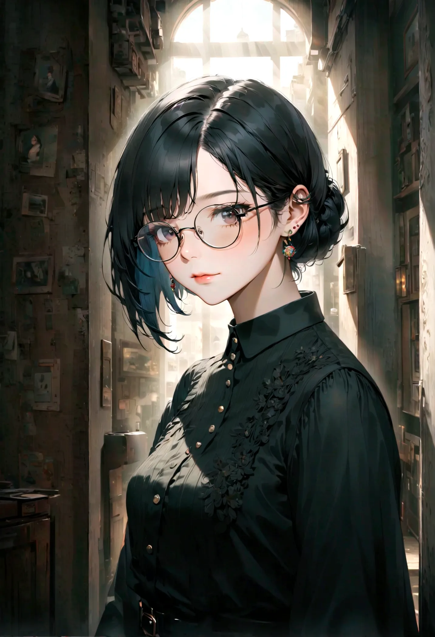 A captivating portrait of a young woman with striking black hair, stylish glasses, and delicate stud earrings, exuding a vintage...