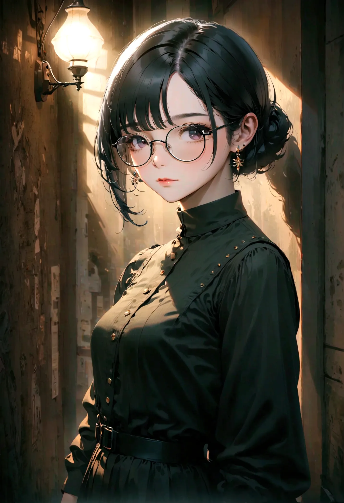 A captivating portrait of a young woman with striking black hair, stylish glasses, and delicate stud earrings, exuding a vintage...
