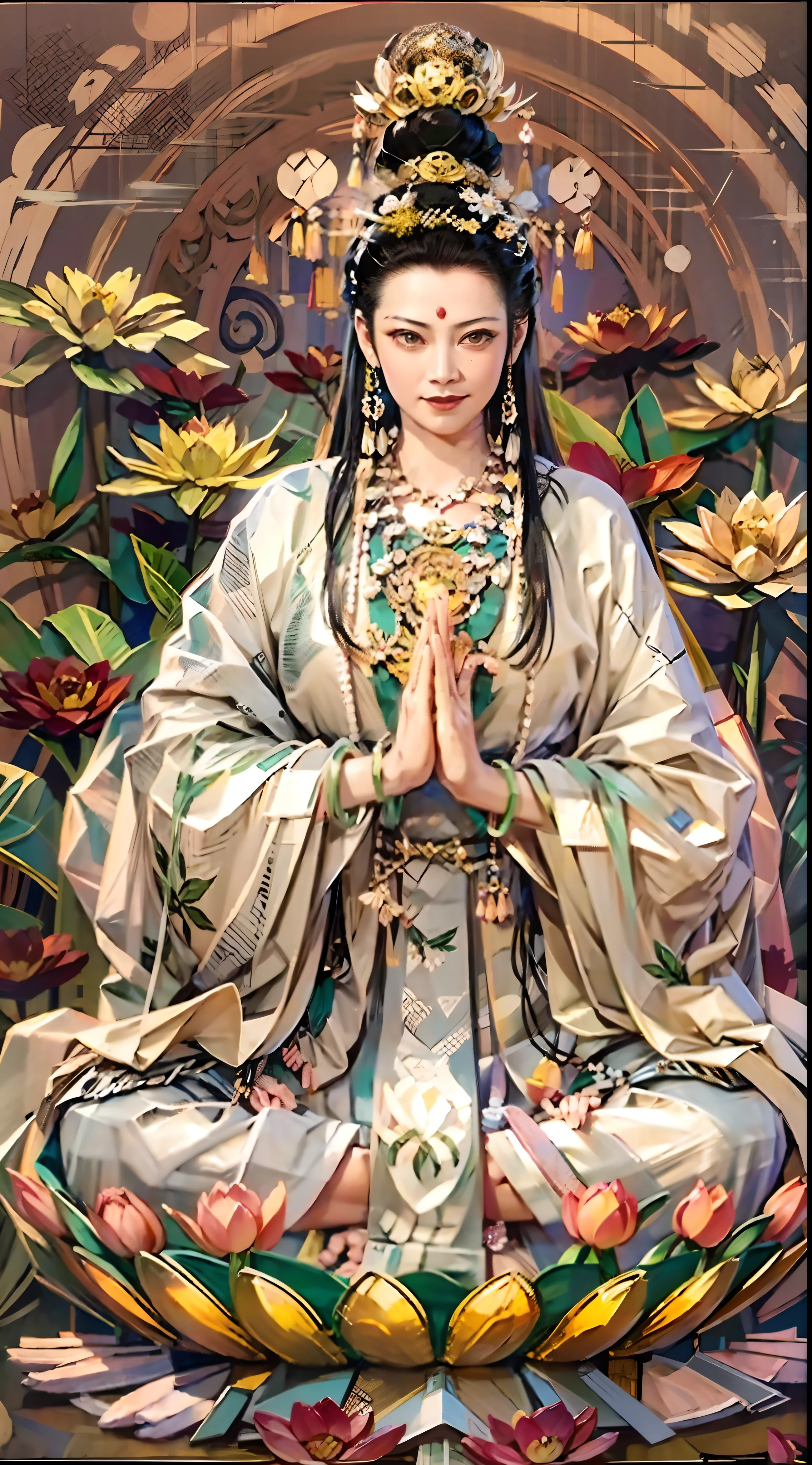 （Chinese immortals）, （Buddhism）, Multiple_hand，（Mythology）, （Buddha）, 她Sitting on the lotus, （左边有三只hand，右边有三只hand, 每只hand都拿着不同的佛器, bilateral symmetry），（Beautiful face）, （White silk robe）Sitting on the lotus, protrait photo，A faint smile, Neoclassicism, OP Art, Chiaroscuro, movie lighting, Divine Light, Ray tracing, Role List, expected insert, First-person perspective, Ultra HD, masterpiece, precise, Textured Skin, Super Detail, High Detail, high quality, Awards, best quality, high resolution, 8K