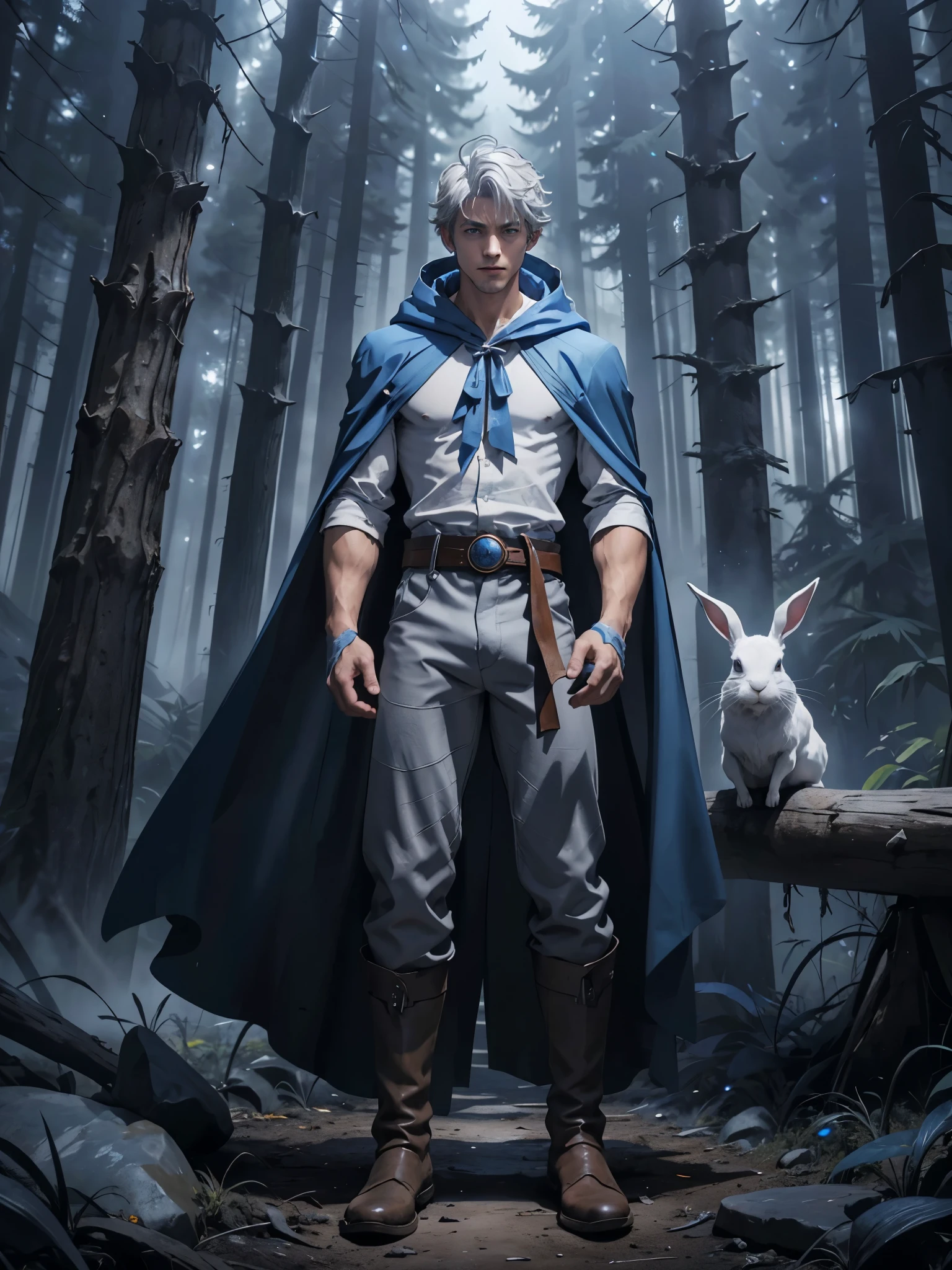 Design 1wizard man conjuring rabbits. Young man with a hooded cape.Light gray hair Gray eyes Wearing a white shirt Wearing blue pants Wearing a brown belt Wearing short brown boots Wearing blue gloves on your hands. Epic. Better face. Forest magic