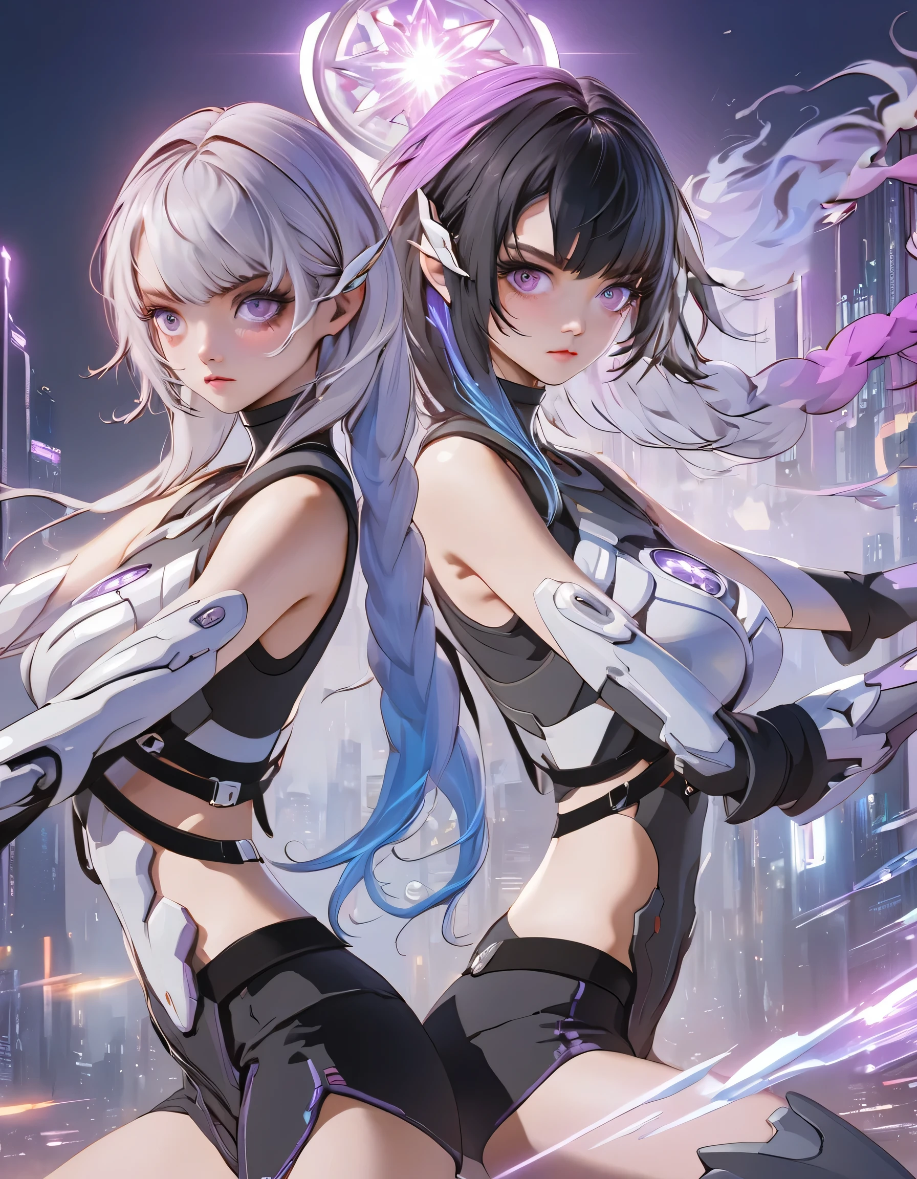 （2 filles）, dos à dos，(très détaillé CG unified 16k wallpaper:1.1), (Force de débruitage: 1.45), énigmatique_g，Des yeux beaux et délicats, couverture mecha, Violet foncé avec des cheveux blancs, Violet fluo, yeux rouges roses, L&#39;arrière-plan est une ville cyberpunk magnifiquement détaillée, cheveux colorés, Lumière belle et délicate, Fille à côté d&#39;elle avec des cheveux noirs courts，Noir et Mecha，Visage impassible, expression froide, fou, Sportif, très détaillé, beaucoup de détails, HD semi-réaliste anime CG concept art numérique, illustration, lumières rougeoyantes, (chef-d&#39;œuvre:1.37), chef-d&#39;œuvre, Meilleure qualité，affiche