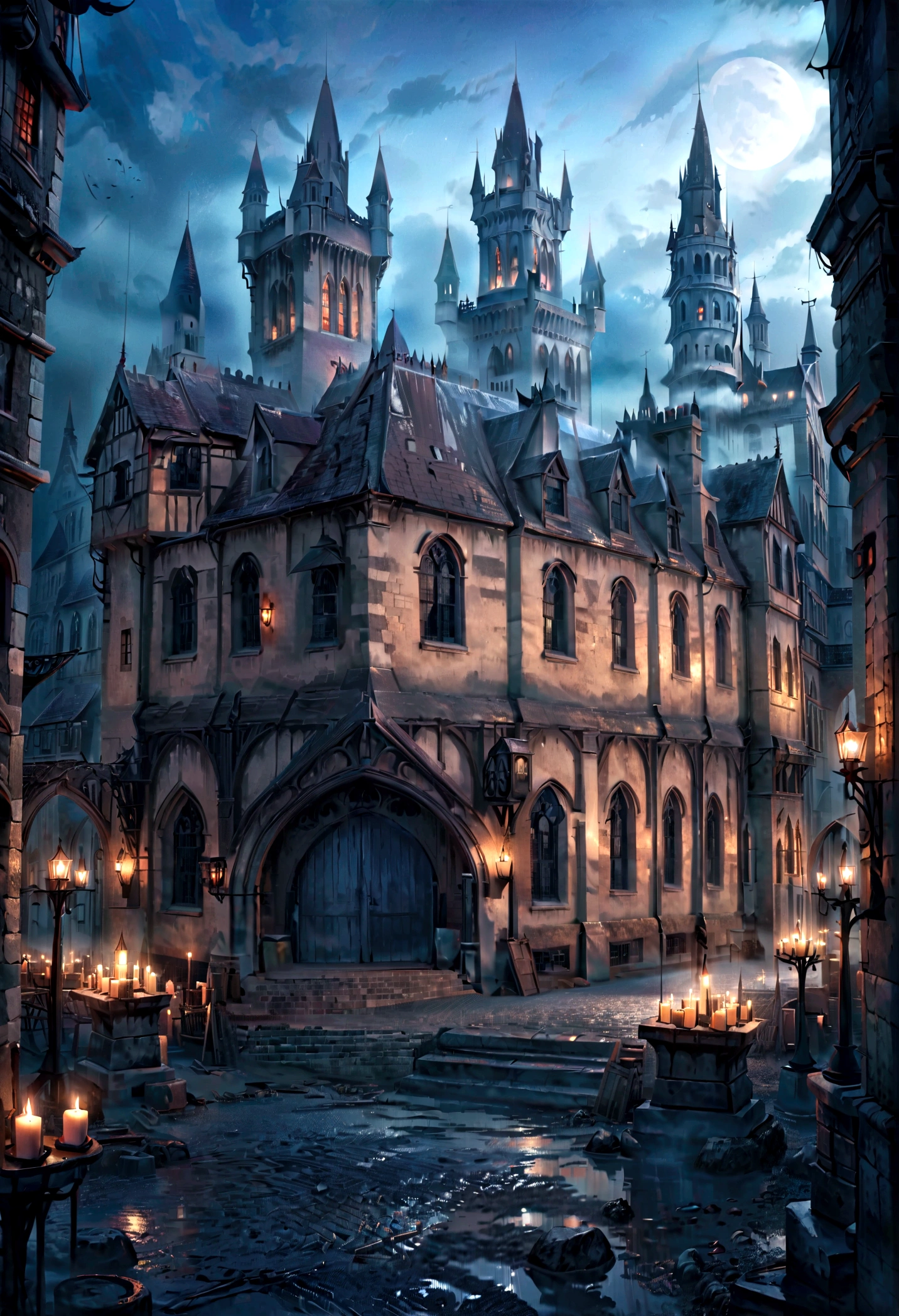 a dark gothic castle in ireland, dark magic, highly detailed, 8k, photorealistic, masterpiece, dark fantasy, dramatic lighting, gloomy atmosphere, hyperrealistic gothic, photorealistic, cinematic, epic, dramatic, moody, atmospheric, intricate details, ornate architecture, gargoyles, cobblestone, mist, fog, moonlight, candles, candelabras, shadows, eerie, haunting, mystical, occult, supernatural, spiritual, ancient, historical