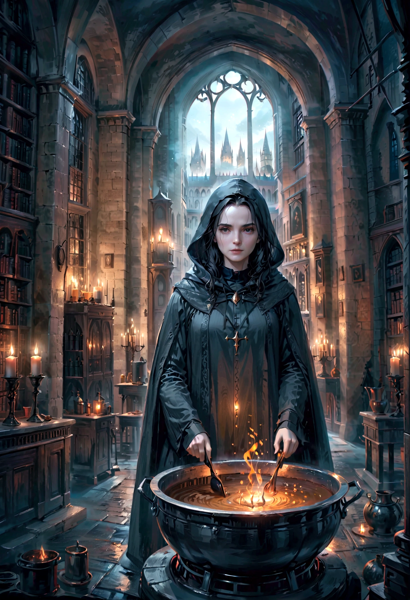 a wizard in a dark gothic castle, hooded cloak, dark magic, spellbook, cauldron, potion brewing, moody lighting, harry potter, severus snape, lily evans wife highly detailed, 8k, photorealistic, masterpiece, dark fantasy, dramatic lighting, gloomy atmosphere, hyperrealistic
