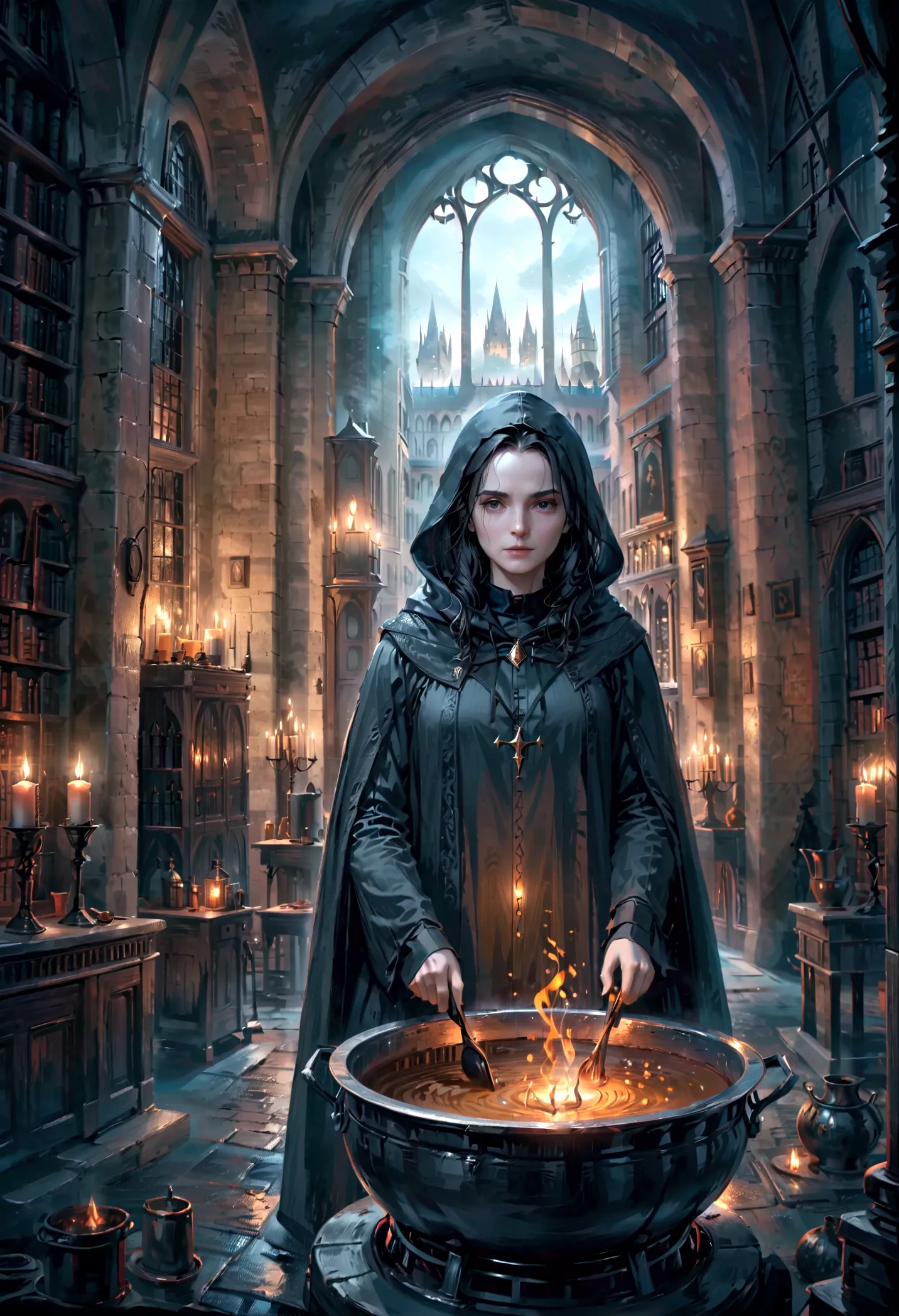 a wizard in a dark gothic castle, hooded cloak, dark magic, spellbook, cauldron, potion brewing, moody lighting, harry potter, s...