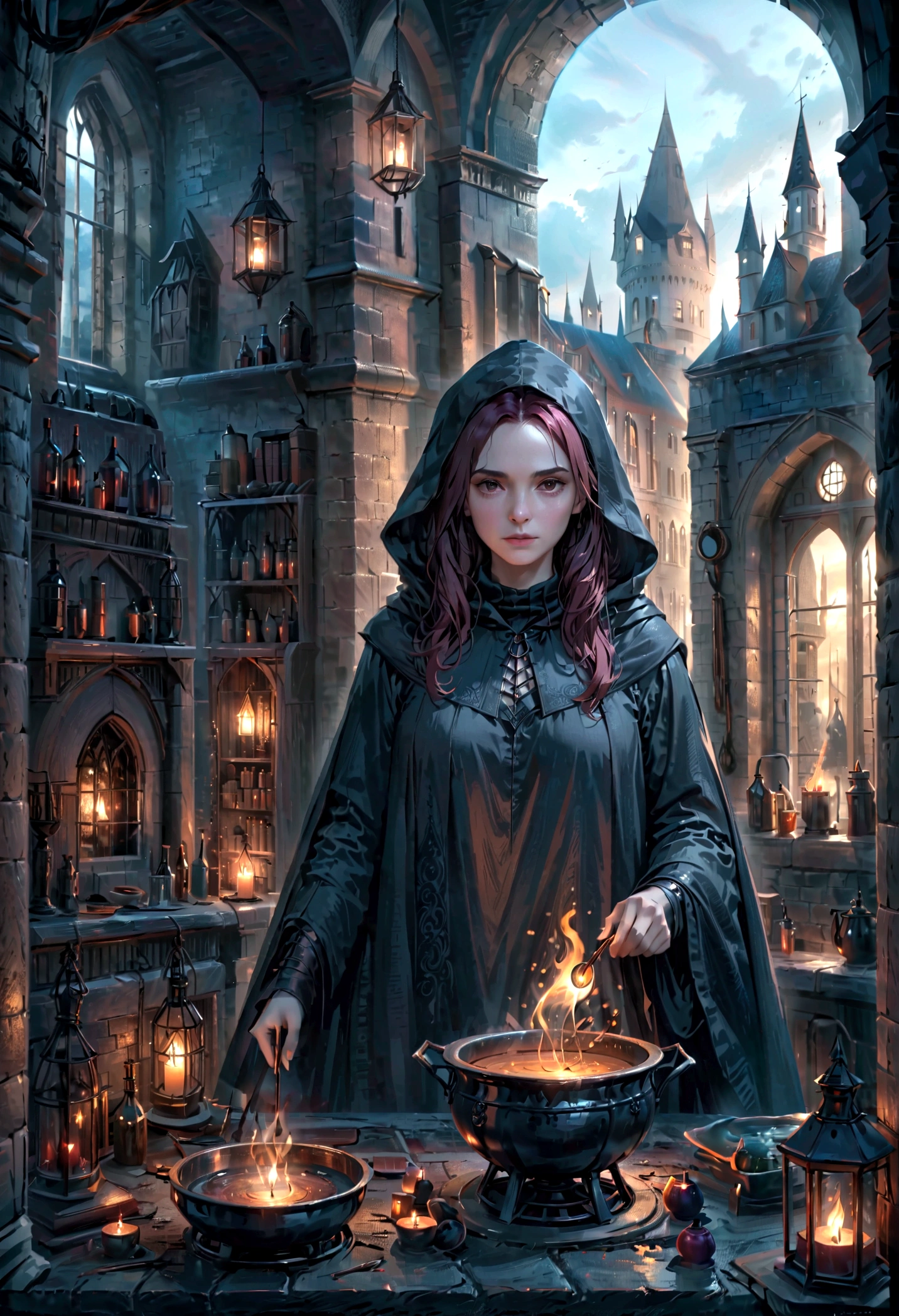 un mago en un oscuro castillo gótico, capa con capucha, dark magic, libro de hechizos, caldera, Elaboración de pociones, iluminación cambiante, harry potter, Severus Snape, esposa de lily evans muy detallada, 8k, Fotorrealista, Obra maestra, Fantasía oscura, iluminación dramática, atmósfera sombría, Híper realista
