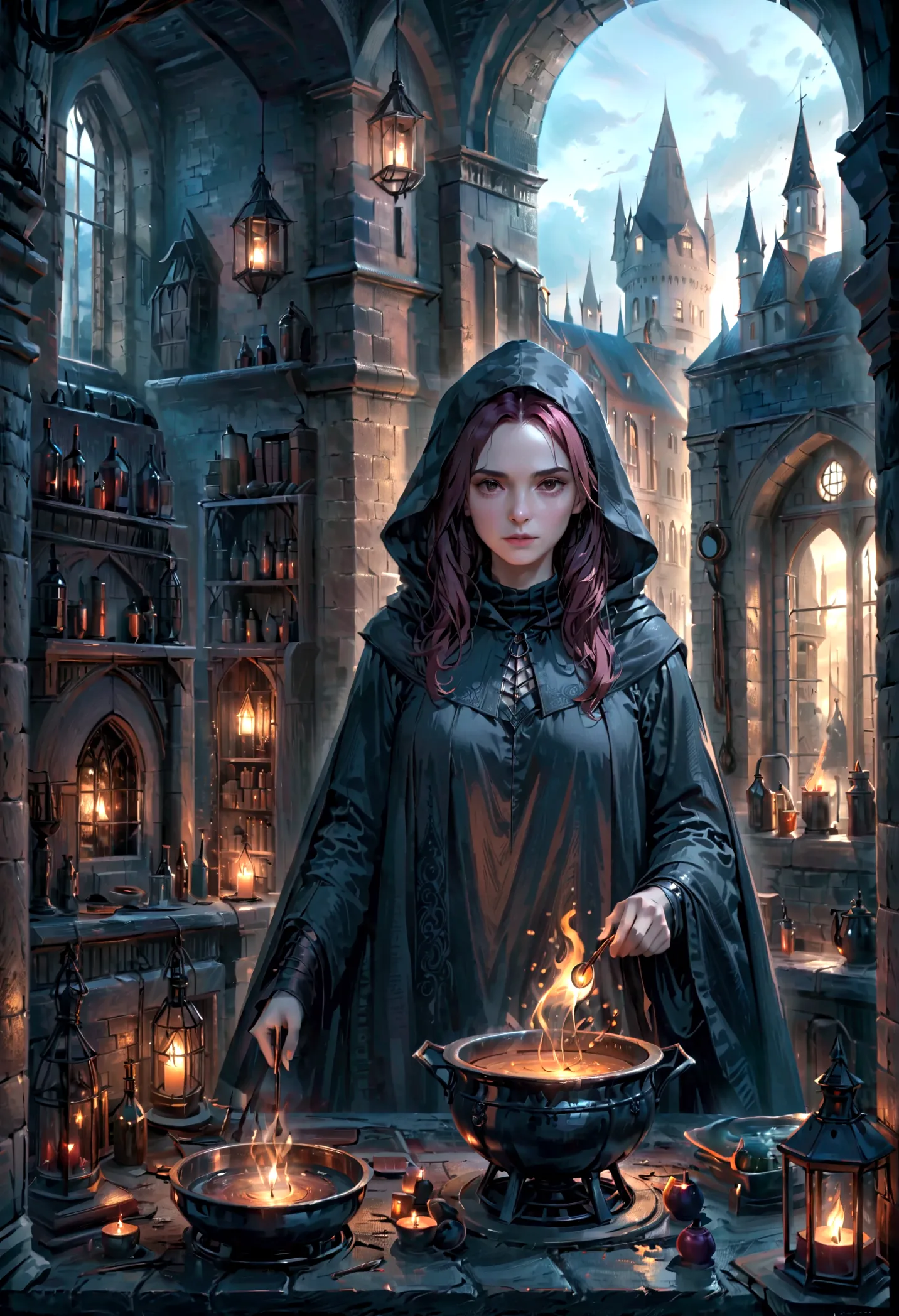 a wizard in a dark gothic castle, hooded cloak, dark magic, spellbook, cauldron, potion brewing, moody lighting, harry potter, s...