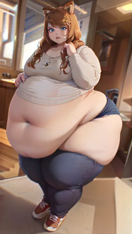 obese woman, long brown hair, blue eyes, double chin, fat belly and thick lovehandles, chunky thighs, skintight hoodie and jeans