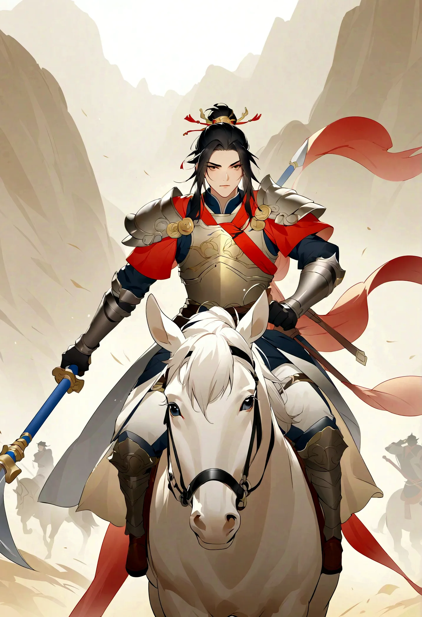 three kingdoms, zhao zilong, horse riding, wield a spear, heroic and fearless, wearing armor, behind it is the battlefield,