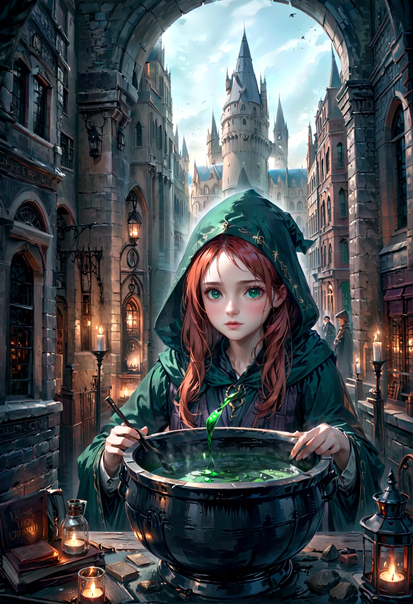 um mago em um castelo gótico escuro, capa com capuz, Magia negra, livro de feitiços, caldeirão, fabricação de poções, iluminação temperamental, Harry Potter, Lily Evans lindos olhos verdes esmeralda detalhados, longos cabelos ruivos,lindos lábios detalhados,, lindos lábios detalhados, olhos e rosto extremamente detalhados, altamente detalhado, 8K, fotorrealista, Obra de arte, fantasia negra, iluminação dramática, atmosfera sombria, hiperrealista