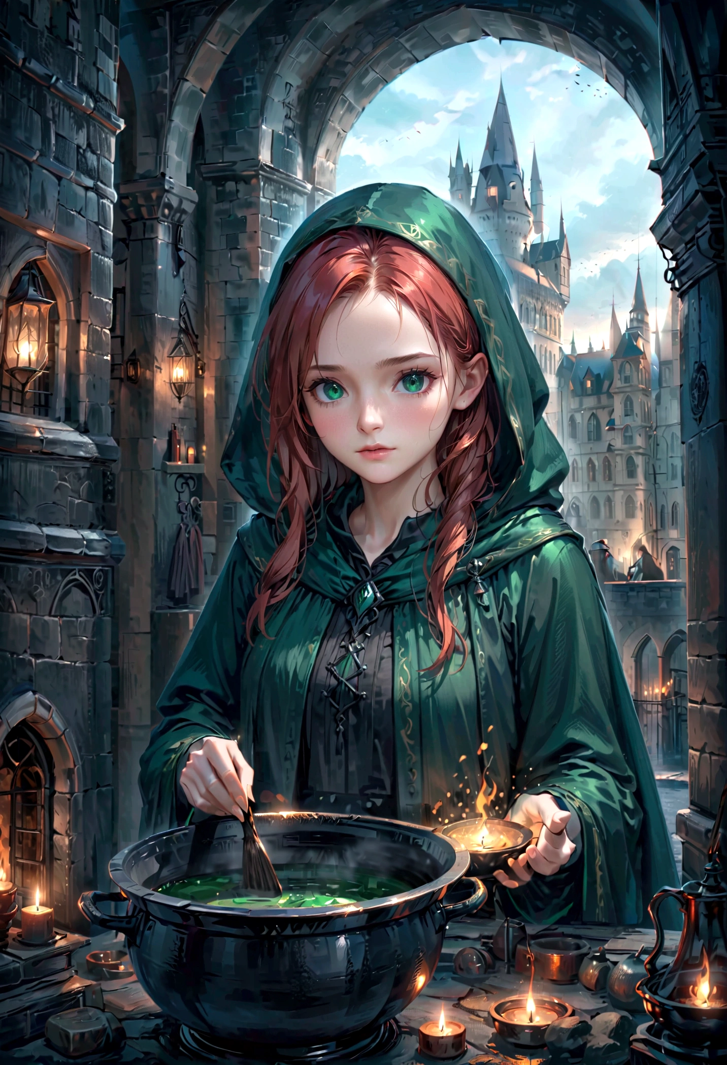 um mago em um castelo gótico escuro, capa com capuz, Magia negra, livro de feitiços, caldeirão, fabricação de poções, iluminação temperamental, Harry Potter, Lily Evans lindos olhos verdes esmeralda detalhados, longos cabelos ruivos,lindos lábios detalhados,, lindos lábios detalhados, olhos e rosto extremamente detalhados, altamente detalhado, 8K, fotorrealista, Obra de arte, fantasia negra, iluminação dramática, atmosfera sombria, hiperrealista