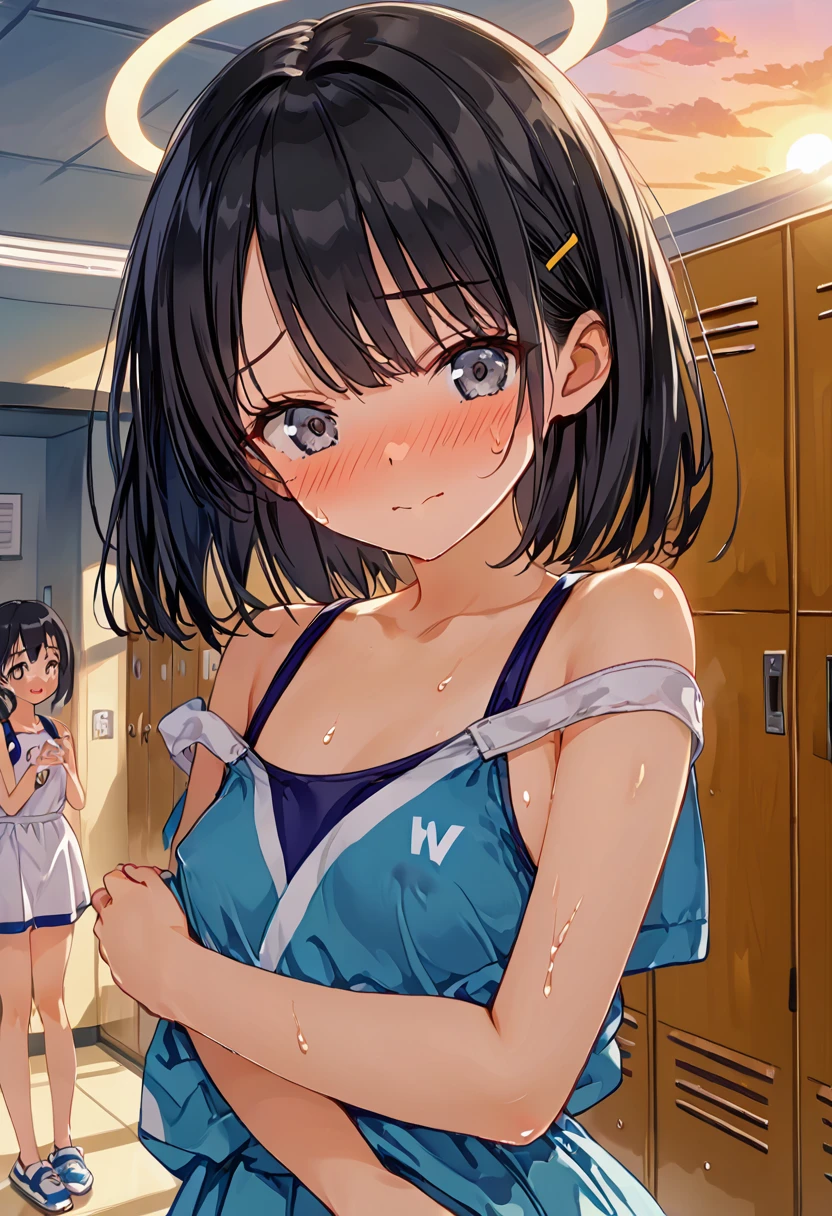 1girl, locker room, There is no one around, evening, Sunset, (((nsfw))), masterpiece, 8k, Girl, Small breasts, 12yo, Angel,Lightの羽, Sky, Light, god々Shii, まぶShii, Black Hair, ((nipple)), Embarrassed face, blush, Sweat