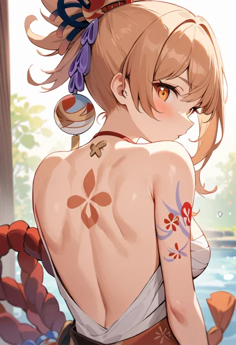 masterpiece, best quality, high resolution,genshin impact ，yoimiya, 1 girl，(back tattoo)，look back,