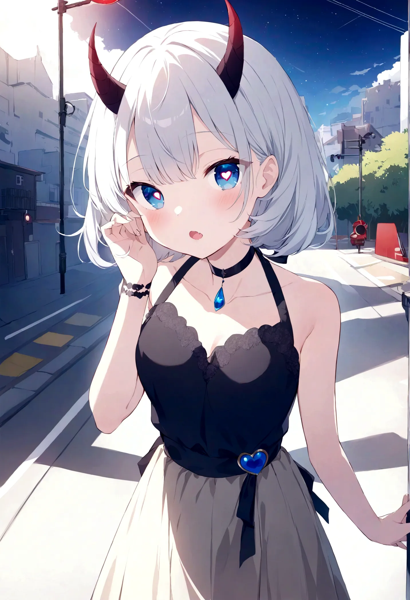 Wearing a choker、Her short white hair hangs down her back.、A seductive lonely girl showing sharp teeth reminiscent of fangs。Stri...