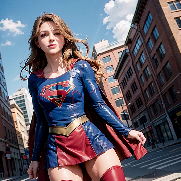 ((best quality)), ((highly detailed)), masterpiece, absurdres, (detailed eyes, deep eyes), (1girl), dutch_angle, upper body, Supergirl, brown hair, long hair, blue eyes, medium breasts, smiling, red skirt, red cape, red boots, blue bodysuit, long sleeves, skindentation, buildings, sky, clouds, sun light, hands behind back