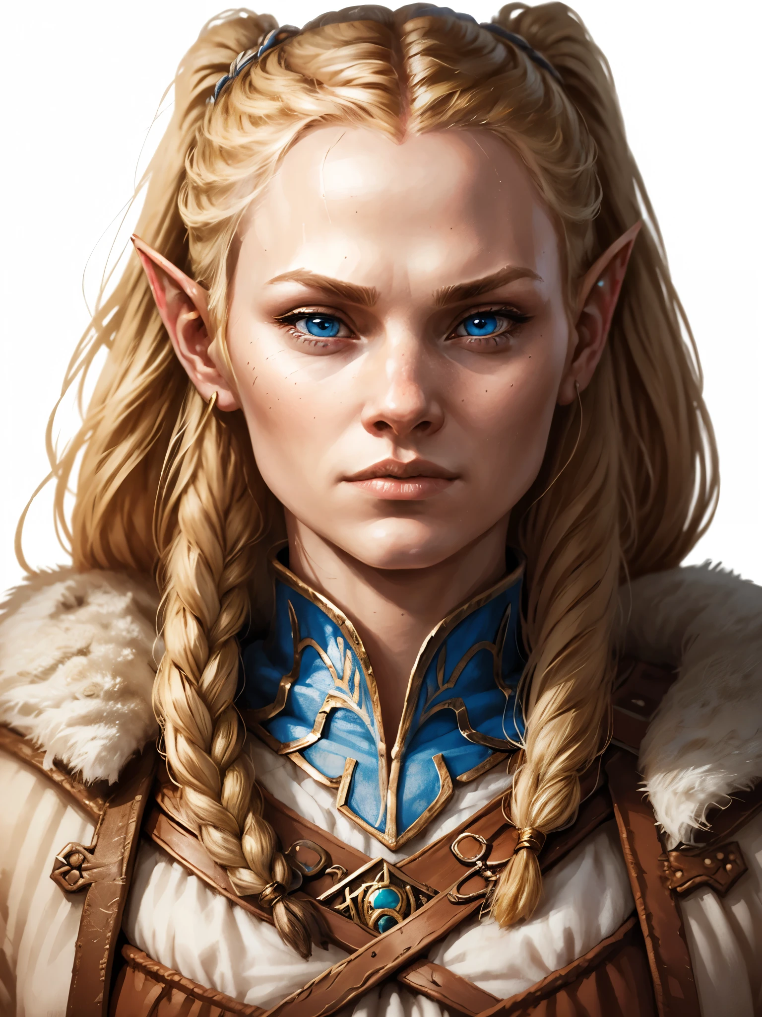 1woman, elves, blonde braided hair, blue eyes, pointed ears, young adult, 25 years old, librarian, civilian