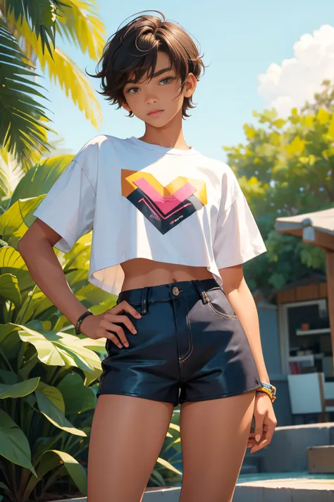 Teen boy 16 years old, beautiful teen boy is wearing a cropped shirt and too very much short mini shorts, the boy's legs are bea...