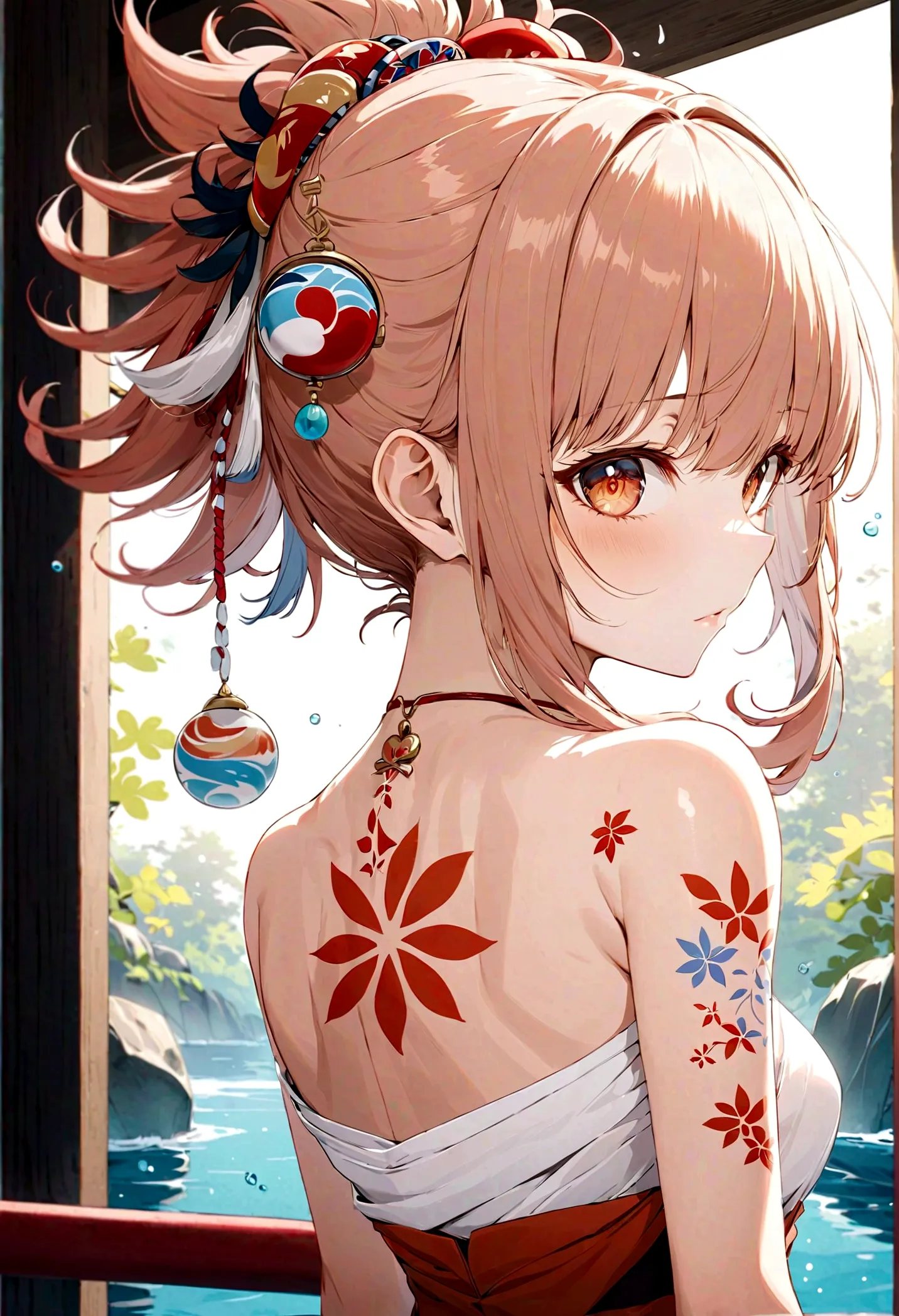 masterpiece, best quality, high resolution,genshin impact ，yoimiya, 1 girl，back tattoo，look back,