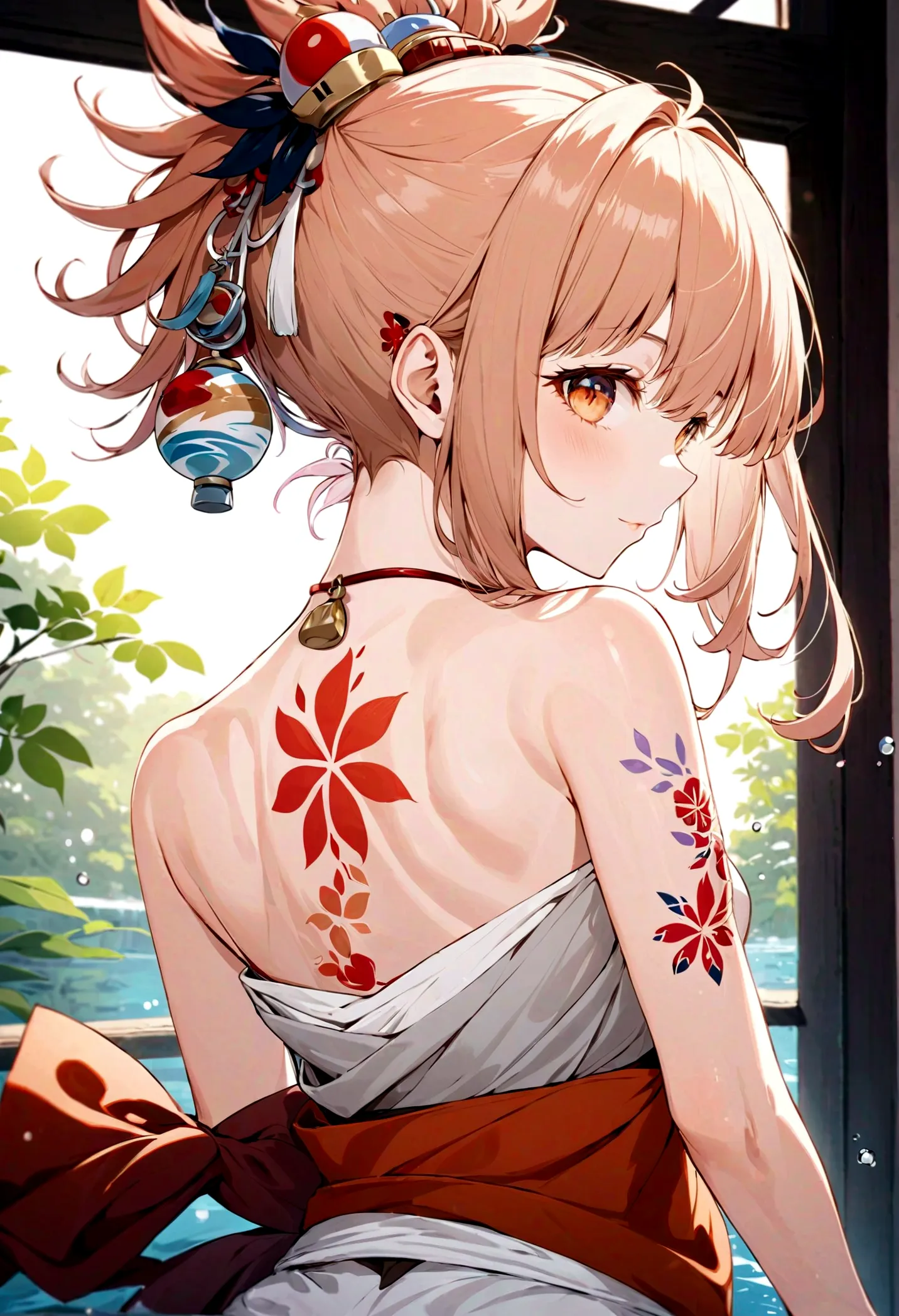 masterpiece, best quality, high resolution,Genshin Impact ，Yoimiya, 1 Girl，Back tattoo，look back,