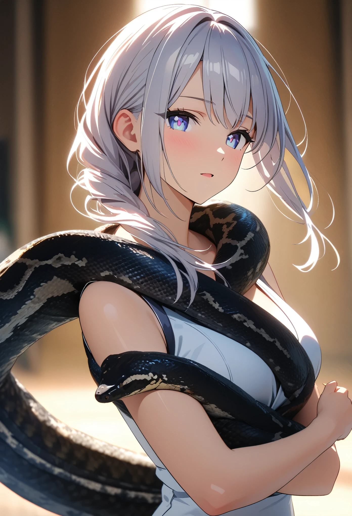 Top animation quality，masterpiece，Best quality，8k，photography，solo，(Upper Body)，A beautiful woman in a white vest，Clear pupils，Delicate hair strands，(Being wrapped by a python，Black python)，sexy feeling，Background blur，blur background，Ray Tracing