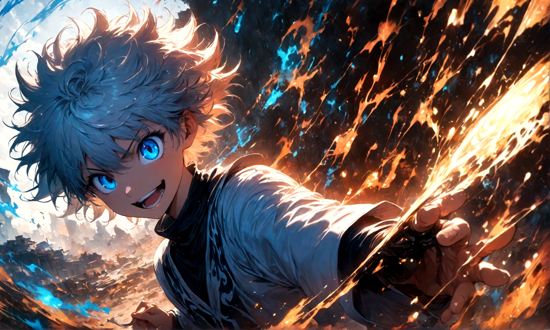 1 teenager,Killua,Hunter x Hunter,Killuaの衣装,Yo-yo,Sui Ishida's painting style,Intricate details,Use black and white as your main colors,Decadent,artwork,rendering,Dynamic Pose,(masterpiece:1.3),(highest quality:1.4),(ultra detailed:1.5),High resolution,extremely detailed,unity 8k wallpaper,Dark fantasy,Brush strokes,Glare,Battle Style,Crazy smile
