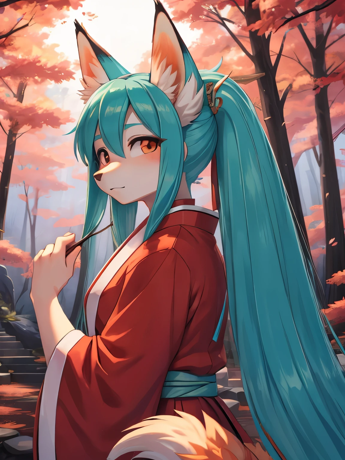 Hatsume miku,alta definicion, orejas de kitsune, vestimenta de sacerdotisa feudal japonesa, paisaje del bosque del templo japonés