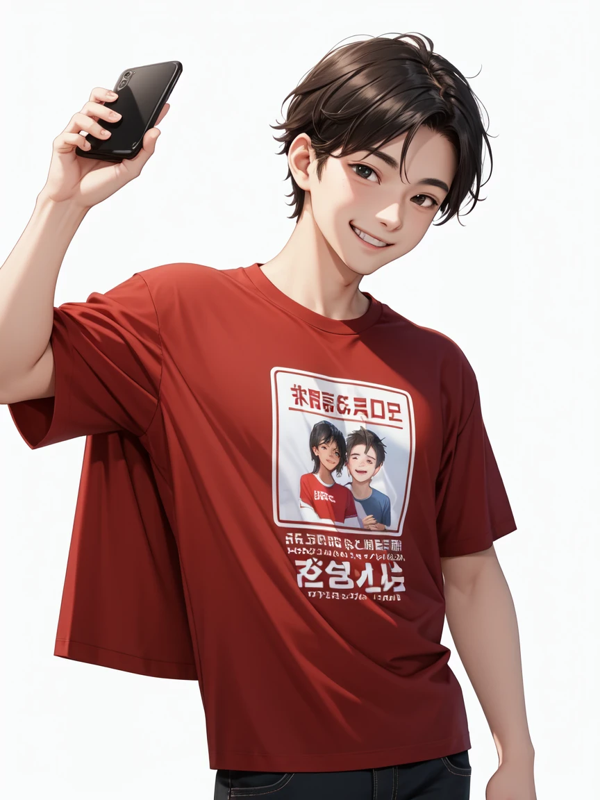 1 young man, black hair, wearing red t-shirt, holding a phone, white background, smiling