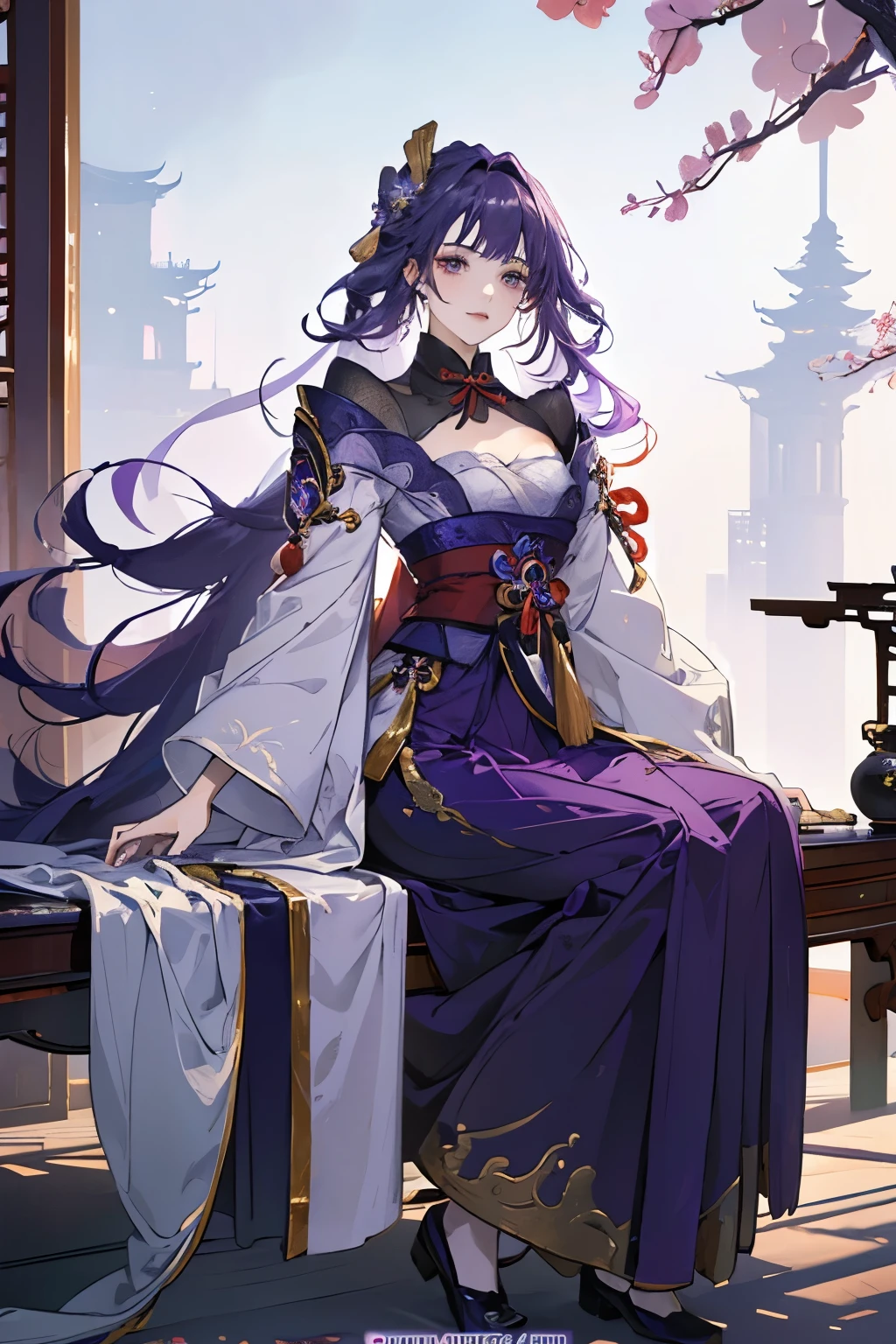 Best quality at best, Ultra-high resolution, (((1 girl))), (Long purple hair), (violet eyes), (Chinese clothes) (Long Skirt), (Full Body), Smile, Hanfu, Yarn, Flowing light yarn, jewelry, (focal), (((Colorful))), particle fx , tmasterpiece, Best quality at best, beautiful painted, meticuloso, highly detailed, (tmasterpiece, Best quality at best） CG unified 8K wallpaper，((sitting in a Chinese mansion)), tmasterpiece，Best quality，ultra - detailed）, Super HD picture quality
