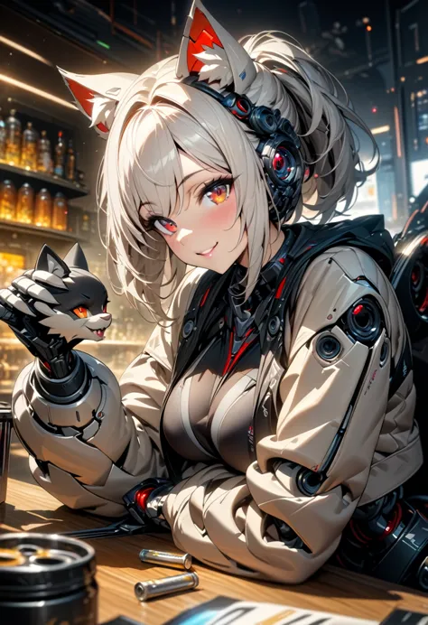 a girl with mechanical body, short white hair with furry ears, white robotic exterior with black mechanism inside, mechanical ta...