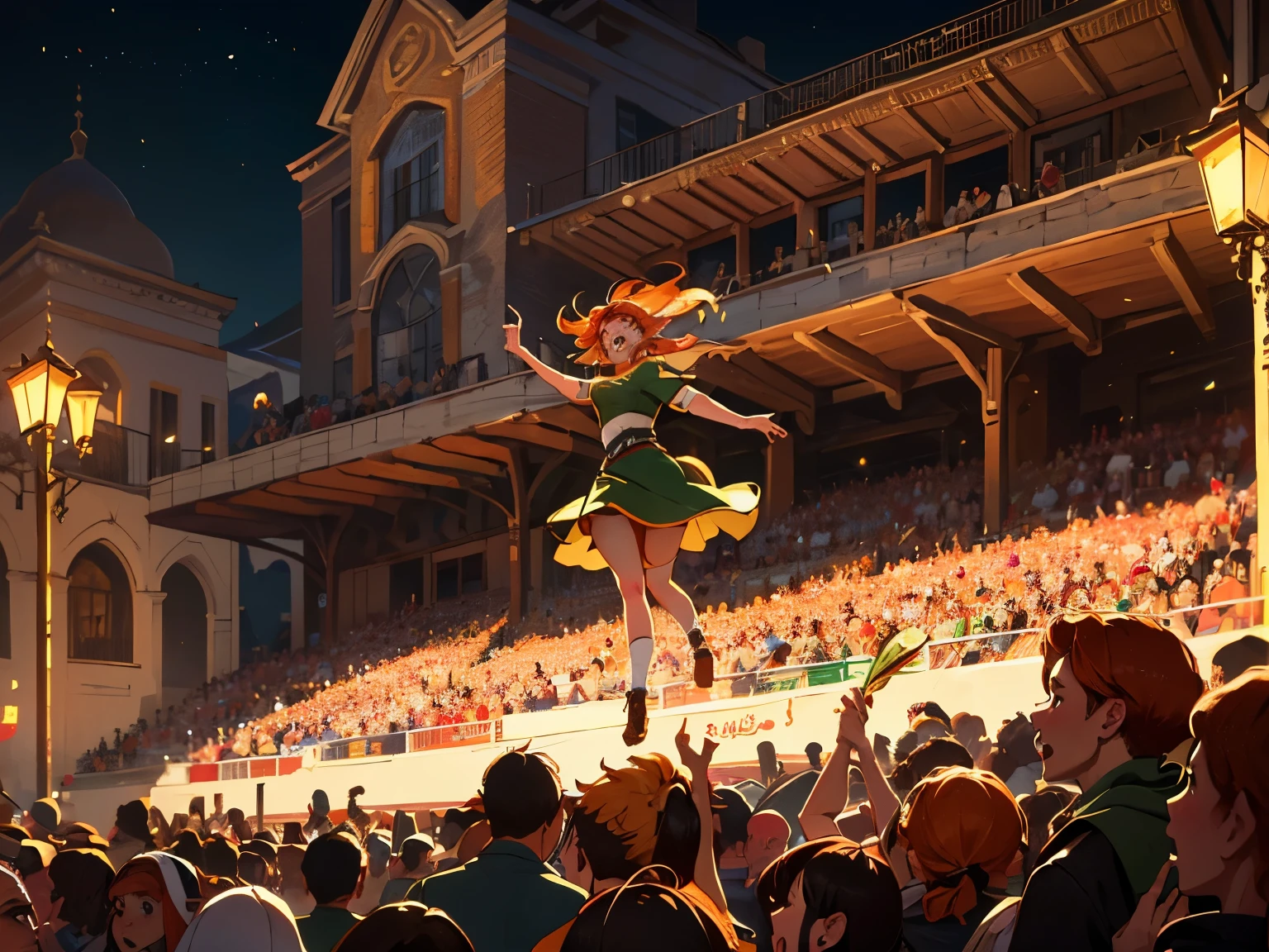 masterpiece, high quality, elves, (long elf ears), (orange hair), facing the viewer, Arabic town square, fantasy buildings, crowd of elves, fantasy clothes, (((cheering, yelling, joyful))), natural dynamic lighting casts detailed shadows,