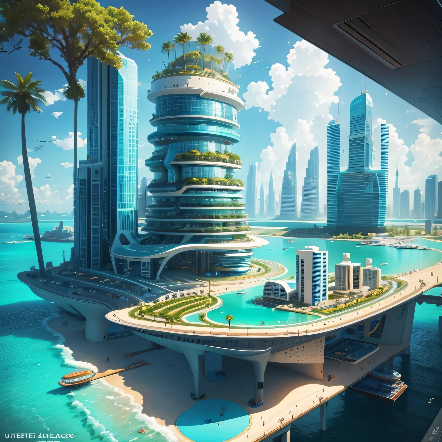 arafed city on a beach with a boat in the water, futuristic utopian city, futuristic architecture concept, tropical coastal city, downtown solarpunk utopia, landscape of a future city, beautiful city of the future, city of the future in russia, russian city of the future, otherwordly futuristic city, vincent callebaut composition, futuristic utopian metropolis