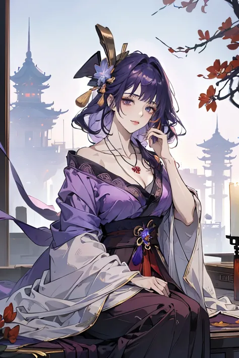 Best quality at best, Ultra-high resolution, (((1 girl))), (Long purple hair), (violet eyes), (Chinese clothes), (((red flower n...