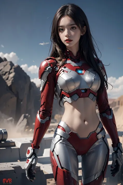 beautiful young woman, red iron man suit, sexy exposed midriff, full metallic armor, bare midriff and waist, open abdomen, fully...