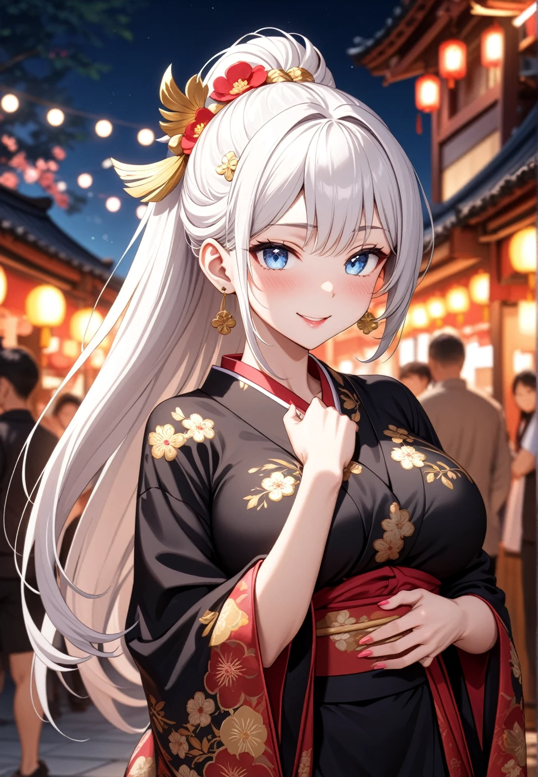 ((One person woman)), Beautiful Face,Laugh shyly,((wink:1.7)),Laughing with your mouth open,turn bright red,Glossy pink lips,night,Shrine festival stalls,((Anime style background)),masterpiece, highest quality, so beautiful, up to date, complex details, (Pink long nails),AI-generated, complex,High resolution, highest quality, super high quality,3D Images、View your audience、3D Images,one person,Long white hair,High Ponytail,blue eyes,Anime woman posing for a photo, [[Fine grain、Colorful eyes、Shining Eyes:1.15]],(Squint your eyes:1.1),a hyperRealistic , hyperRealistic , Realistic,Long haired white haired anime woman, Smooth anime CG art, A woman in a colorful kimono with gold embroidery, (Black kimono),Red floral pattern,Long flower hair ornament,Big earrings,(Big Breasts:1.1),Mature Body,tall,BIG ASS,Fine details,Tight waist,Abdominal muscles,(Face close-up:1.5),Tilt your face,Shooting from an angle,Put your hands together