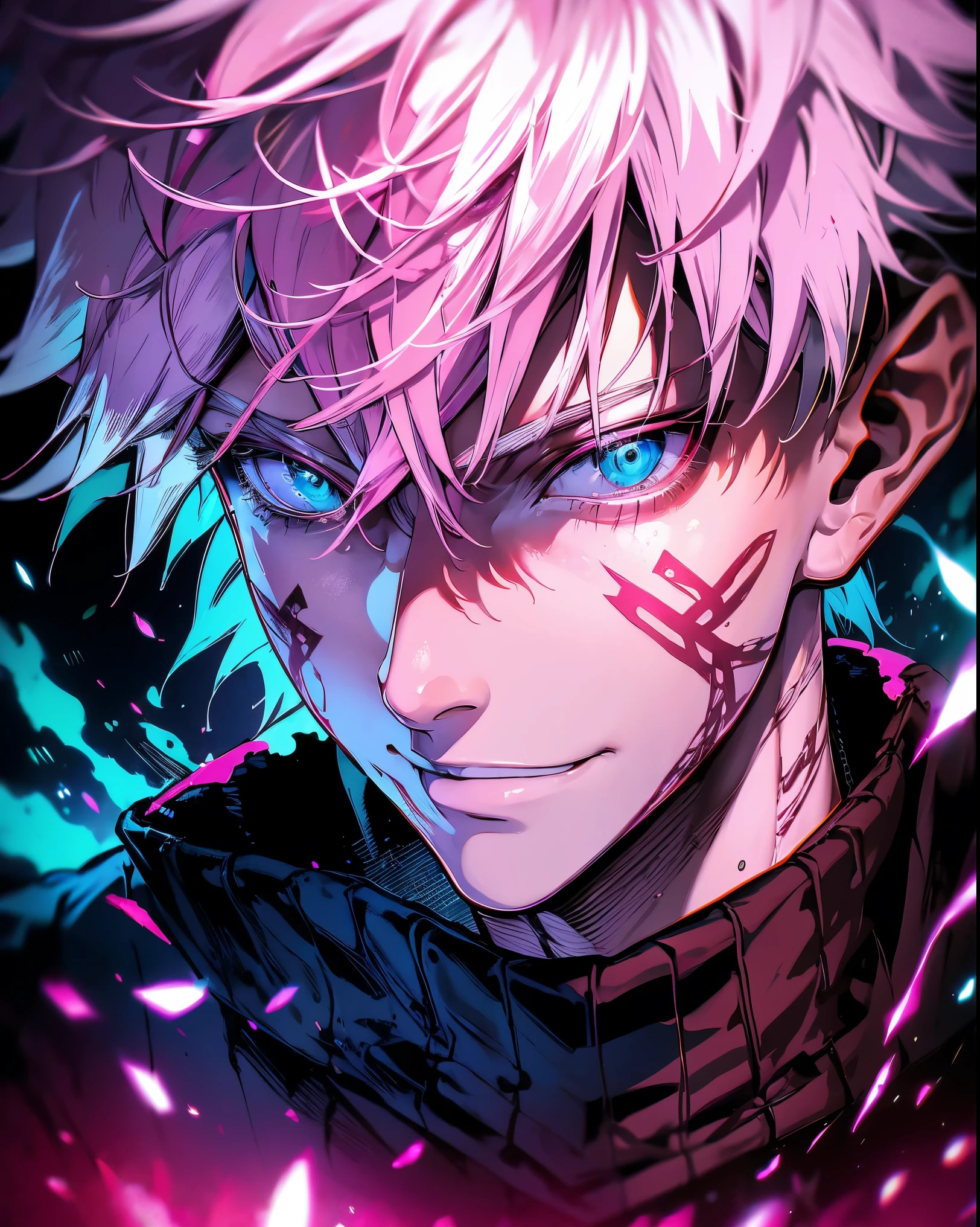 sukuna, pink hairs, face tattoo, creepy smile, in anime adapatation style, using ai style fluid colours