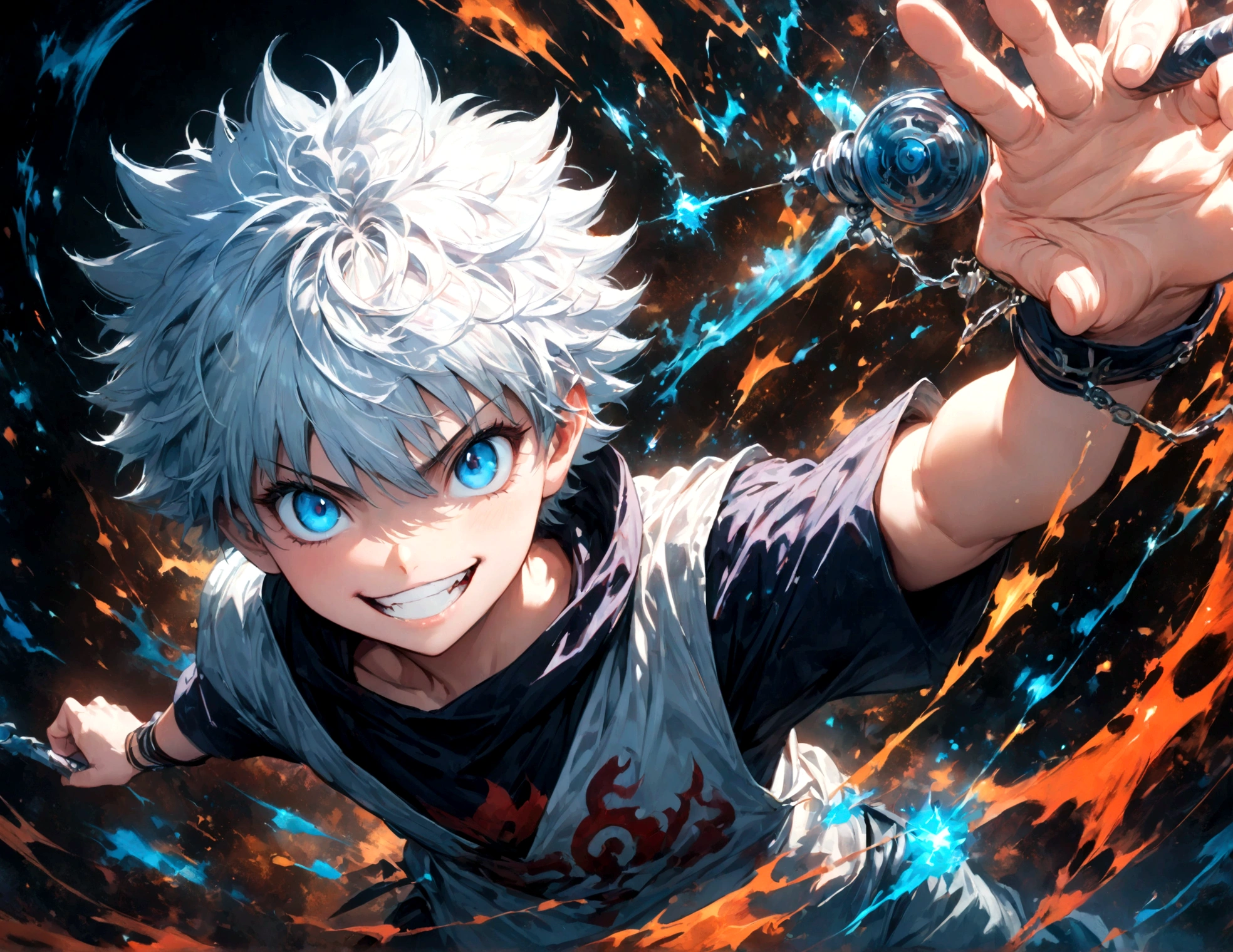 1 teenager,Killua,Hunter x Hunter,Killuaの衣装,Yo-yo,Sui Ishida's painting style,Intricate details,Use black and white as your main colors,Decadent,artwork,rendering,Dynamic Pose,(masterpiece:1.3),(highest quality:1.4),(ultra detailed:1.5),High resolution,extremely detailed,unity 8k wallpaper,Dark fantasy,Brush strokes,Glare,Battle Style,Crazy smile