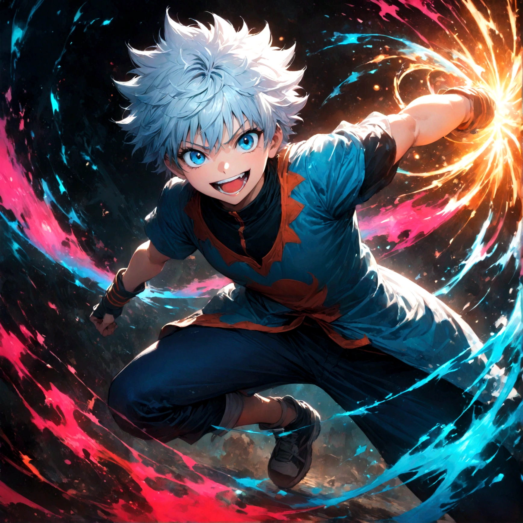 1 teenager,Killua,Hunter x Hunter,Killuaの衣装,Yo-yo,Sui Ishida's painting style,Intricate details,Use black and white as your main colors,Decadent,artwork,rendering,Dynamic Pose,(masterpiece:1.3),(highest quality:1.4),(ultra detailed:1.5),High resolution,extremely detailed,unity 8k wallpaper,Dark fantasy,Brush strokes,Glare,Battle Style,Crazy smile