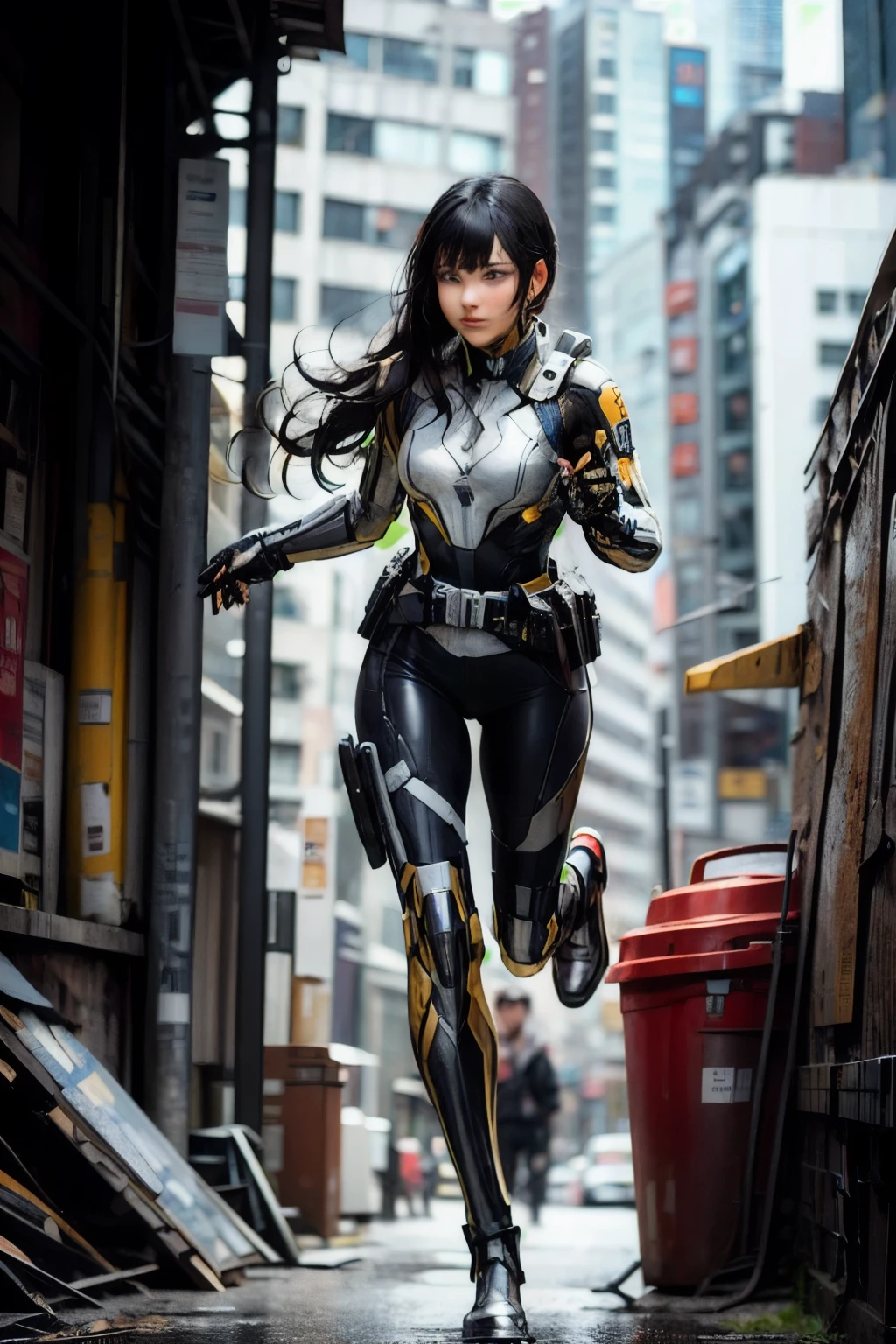 scifi cyberpunk, girl heroes, super heroes, bodysuit, long hair, black hair, black & white costume, thunder Logo, Belt, fullbody