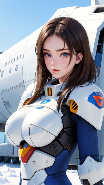 from the front, In a snow-covered hangar (Giant Robot:1.1),(Super hot and gorgeous European women, 23 years old, Brunette Hair, She is a playmate, Men&#39;s magazine model). (She’s carry a jet pack throwing flames and cigarette in her back:1.2) Lots of light, Shine, cigarette. Outside the hangar, Starry sky in winter, Aurora. masterpiece. Ultra-high resolution