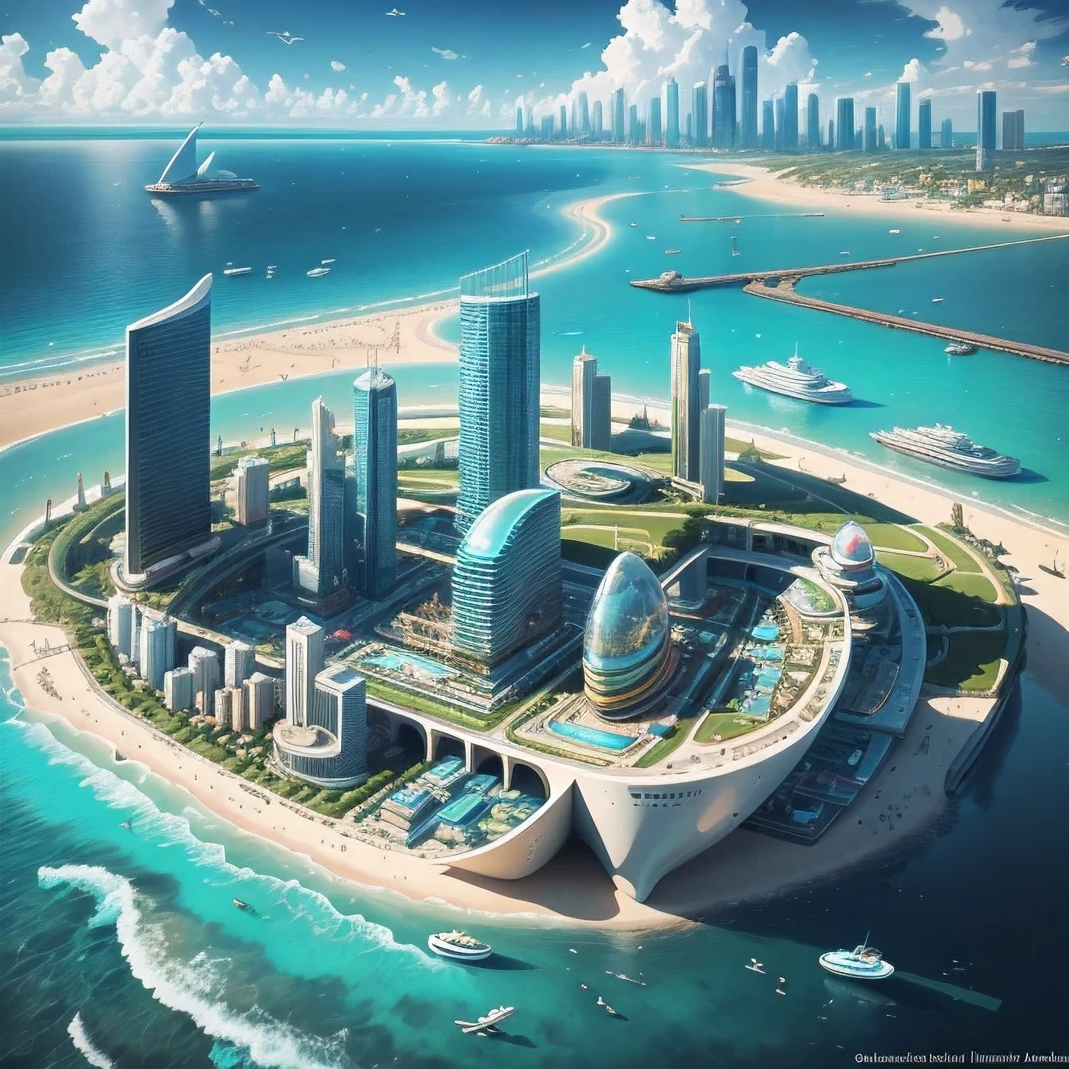 arafed city on a beach with a boat in the water, futuristic utopian city, futuristic architecture concept, tropical coastal city, downtown solarpunk utopia, landscape of a future city, beautiful city of the future, city of the future in russia, russian city of the future, otherwordly futuristic city, vincent callebaut composition, futuristic utopian metropolis