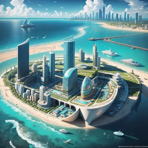 arafed city on a beach with a boat in the water, futuristic utopian city, futuristic architecture concept, tropical coastal city...